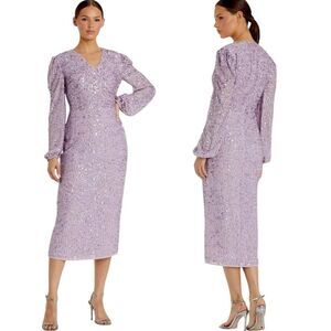 Mac Duggal Sequin Long Sleeve Cocktail Midi Dress in Lavender Purple Size 14